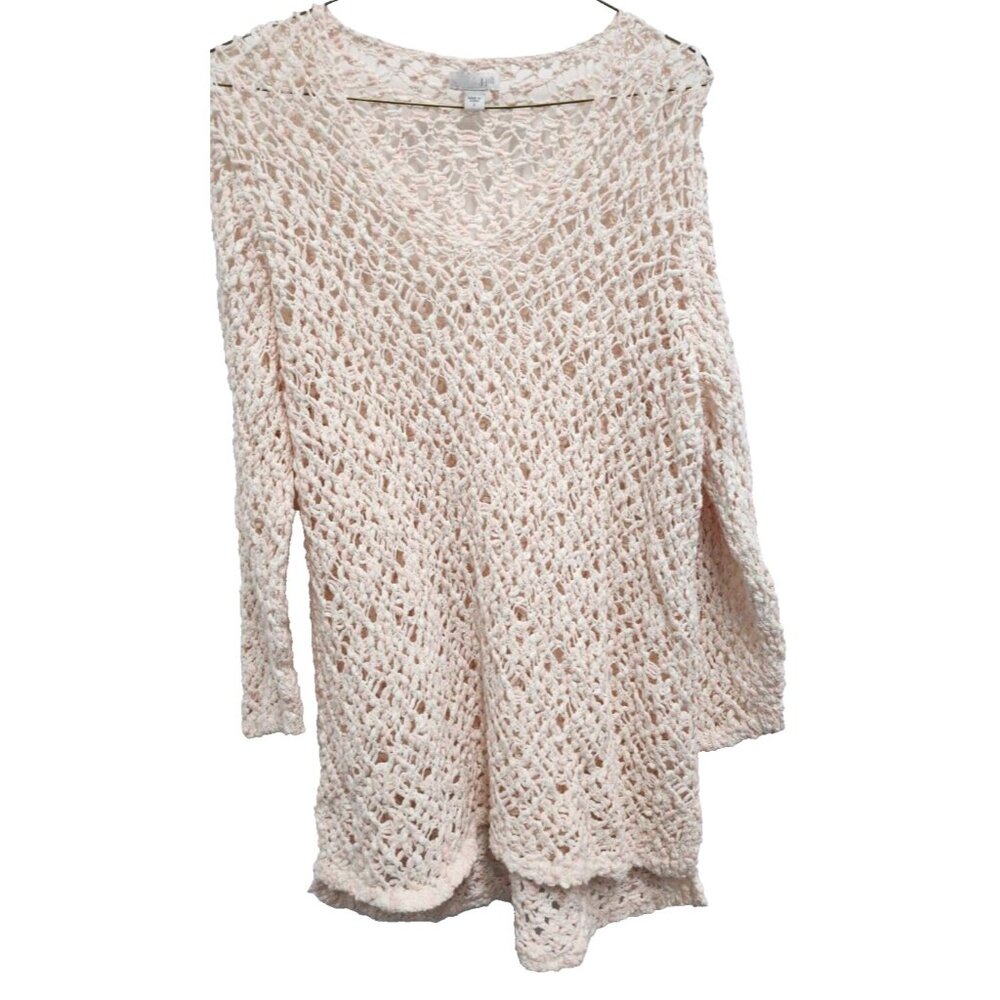 J. Jill Sweater Womens Small Pink Cream Cottage BOHO V-Neck Open Knit Pullover